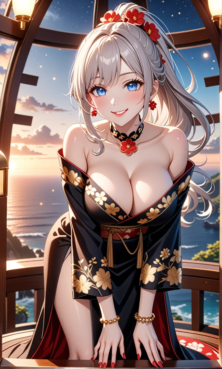 Very detailed, ((One personの少女)), (Pale skin:1.3), Very detailed, Absurd, 8k, Fair skin, Beautiful Face, (Heavy makeup), (Laugh shyly), ((Teasing Smile:1.8)), ((Wink:1.7)), (Laugh with your mouth wide open),((Tilt your head:1.6)), View your viewers, ((Bright red cheeks:1.6)), ((blue eyes)), Glossy Red Lips, ((Big Breasts:1.5)), ((Showing off your breasts:1.4)), night, Observatory with a view of the sea, ((Anime style background)),masterpiece, Highest quality, so beautiful,Latest, Complex details, (Pink long nails), (nail art), (ring),(bracelet), (Floral Choker),AI-generated, Complex,High resolution, Highest quality, super high quality,3D Images、3D Images,One person,Long white hair,(High Ponytail), (Wavy Hair:1.1), Anime woman posing for a photo, ((fine grain、blue eyes、Glowing Eyes:1.4)), (Squint your eyes:1.1),a hyperRealistic , hyperRealistic , Realistic,Long white hairのアニメ女性, Smooth anime CG art, Girl in black kimono, Gold embroidery, ((Black furisode)),(Large floral pattern) , ((Take off)), Long flower hair ornament,Floral Earrings,Mature Body, expensive,Abdominal muscles,Tight waist,((Leaning forward:1.6)), (hands on knees), (Front view),