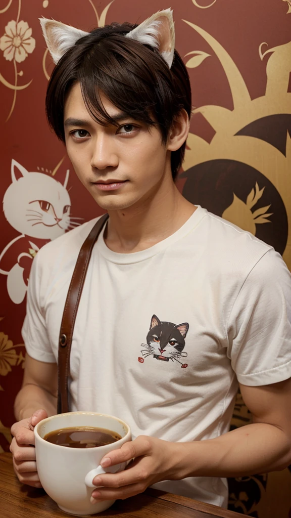 Milk tea with coffee jelly, cute boy anime, red eye, with cat, china wallpaper