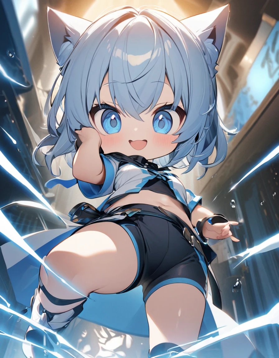 chibi、1girl、((smile、Sparkling Blue Eyes、Cat ear：2.0、Silver Bob Hair：2.5))､I can see your belly、Chinese style short sleeve，Don't go up and down、Chinese style shorts、