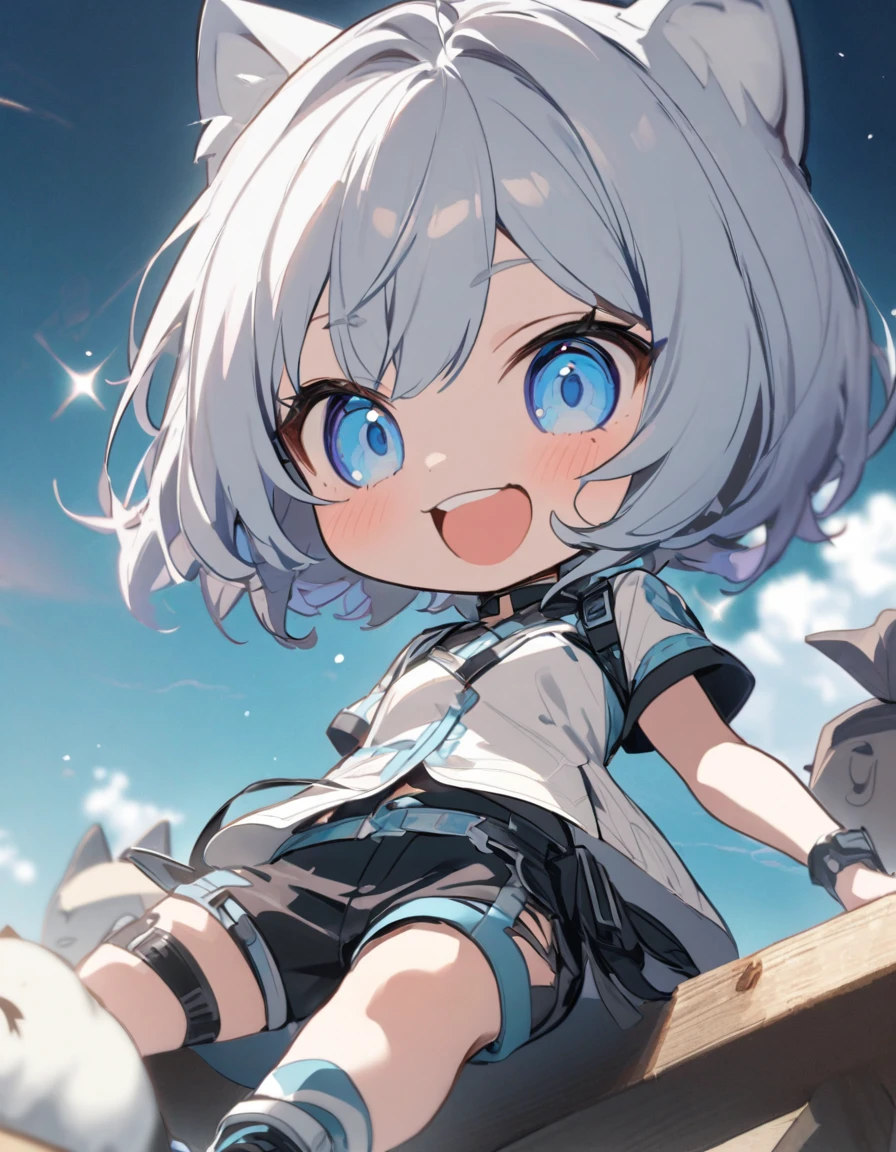 chibi、1girl、((smile、Sparkling Blue Eyes、Cat ear:2.0、Silver Bob Hair:2.5))、I can see your belly、Chinese style short sleeve,Don't go up and down、Chinese style shorts、