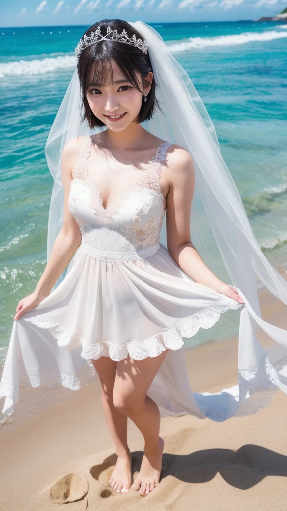 (8k, Photorealistic, Raw photo, Highest quality: 1.4),Japanese idol-style beautiful girl,model,1 person,18-year-old,(Short Bob),(Black Hair),tiara,She has her hair tucked behind her ears,Clear grey eyes,(Long eyelashes),(eye shadow),(Eyeliner),(eyeliner),(piercings(small)),cheek(Beige brown color),(Lip gloss(Deep vermilion)),lips(Plump,glossy),Translucent white and finely textured skin,thin long neck,Thin and delicate shoulders,(Lace gloves(White)),(Wedding Bouquet :1.1),(Wedding dress((Frills),(Lace embroidery),(Plumpしたロングスカート :1.2))),(layer),(The veil is fluttering in the wind),(barefoot),(Seaside,White sand beach,Ocean background),(Smiling at the camera),(Full body portrait)