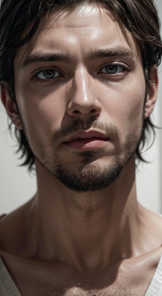 (symetry),centred,a ((Close up)) above portrait,(jesus),a very strong white man, with short hair and beard,wearing a long white robe,35mm,skin natural,clothing detail, 8k texture, 8k, insane details, intricate details, hyperdetailedhighy detailed,realisitic,soft cinematic light,HDR,sharp focus, ((((cinematic appearance)))),intricate, posh, highy detailed