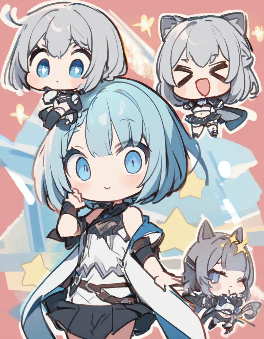 chibi、1girl、((smile、Sparkling Blue Eyes、Cat ear：2.0、Silver Bob Hair：2.5))､I can see your belly、Chinese style short sleeve，Don't go up and down、Chinese style shorts、
