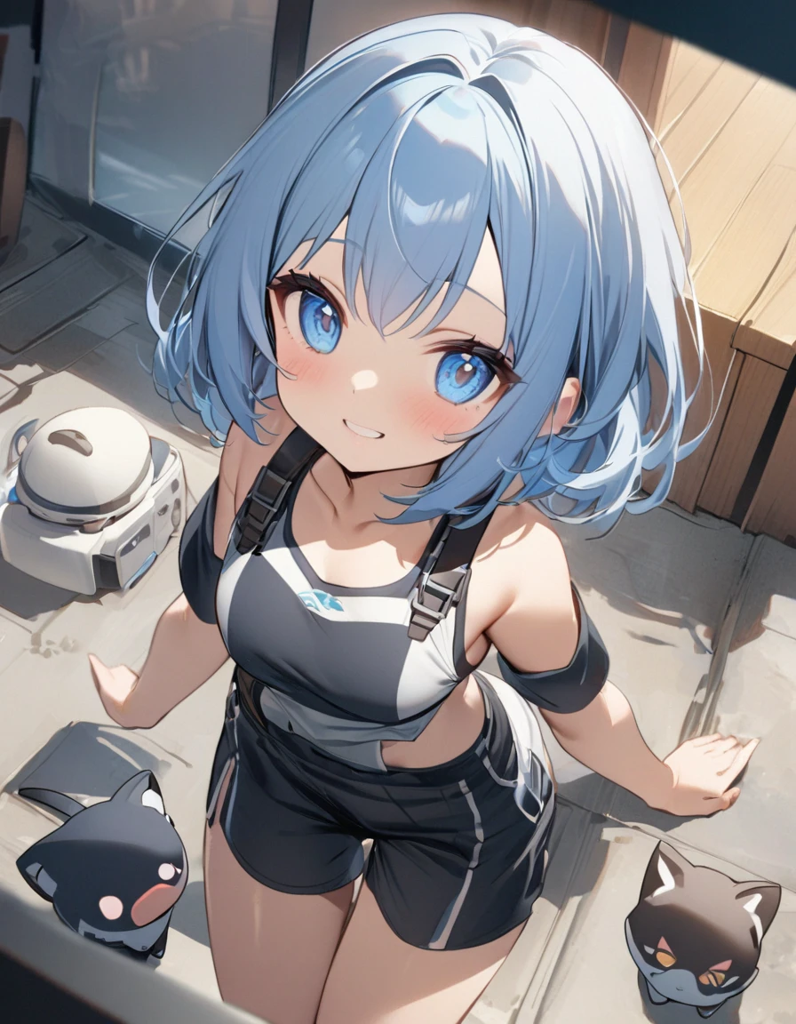 chibi、1girl、((smile、Sparkling Blue Eyes、Cat ear：2.0、Silver Bob Hair：2.5))､I can see your belly、Chinese style short sleeve，Don't go up and down、Chinese style shorts、