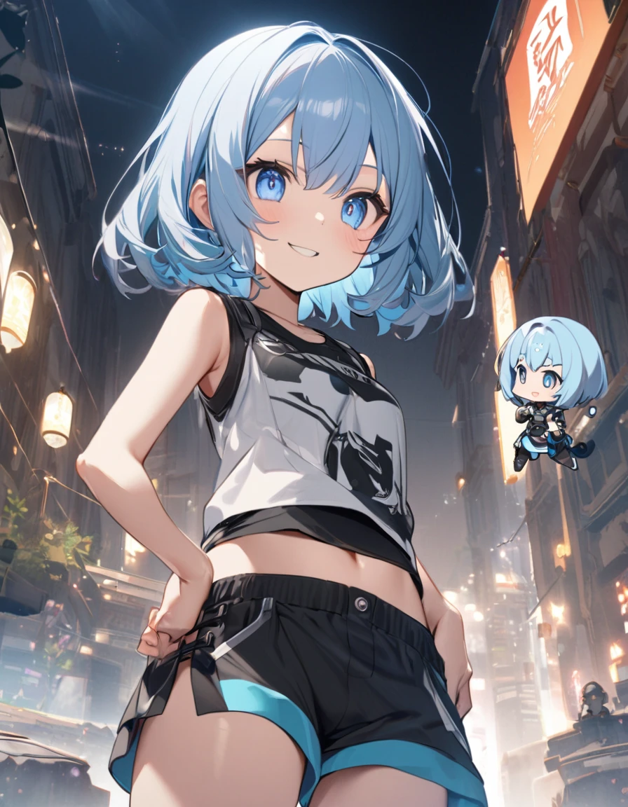 chibi、1girl、((smile、Sparkling Blue Eyes、Cat ear:2.0、Silver Bob Hair:2.5))、I can see your belly、Chinese style short sleeve,Don't go up and down、Chinese style shorts、