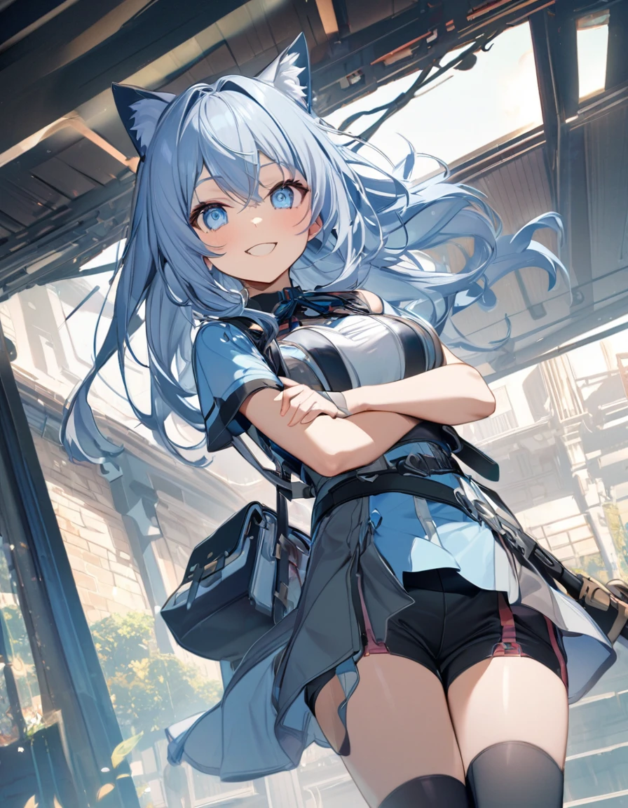 chibi、1girl、((smile、Sparkling Blue Eyes、Cat ear:2.0、Silver Bob Hair:2.5))、I can see your belly、Chinese style short sleeve,Don't go up and down、Chinese style shorts、