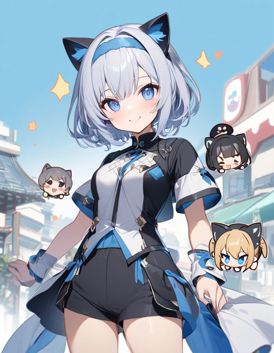 chibi、1girl、((smile、Sparkling Blue Eyes、Cat ear：2.0、Silver Bob Hair：2.5))､I can see your belly、Chinese style short sleeve，Don't go up and down、Chinese style shorts、