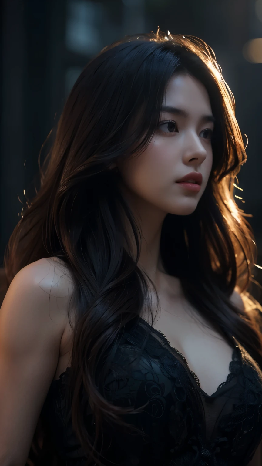 A girl with long curly hair, cinematic night scene, (best quality,4k,8k,highres,masterpiece:1.2),ultra-detailed,(realistic,photorealistic,photo-realistic:1.37),dramatic lighting,moody atmosphere,mysterious shadows,dramatic shadows,dramatic lighting,dramatic pose,intense focus,intricate details,volumetric lighting,cinematic angle,cinematic framing,chiaroscuro