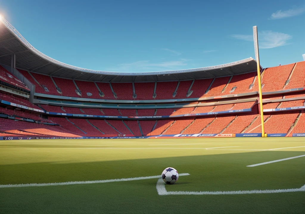 football field, grass, goal, about 20m before goal. Big stadium.