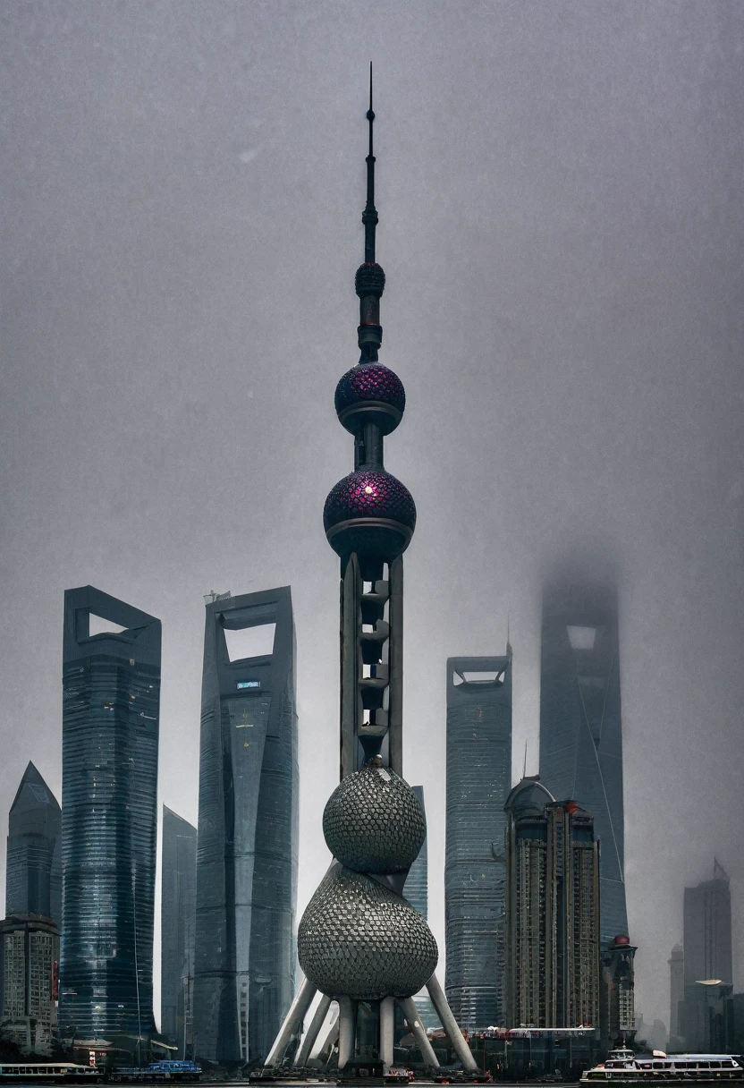 shanghai, Cityscape, architecture, Non-human, cold sky,(blizzard:1.5), Snowstorm, City, dark sky, cold，Covered in heavy snow