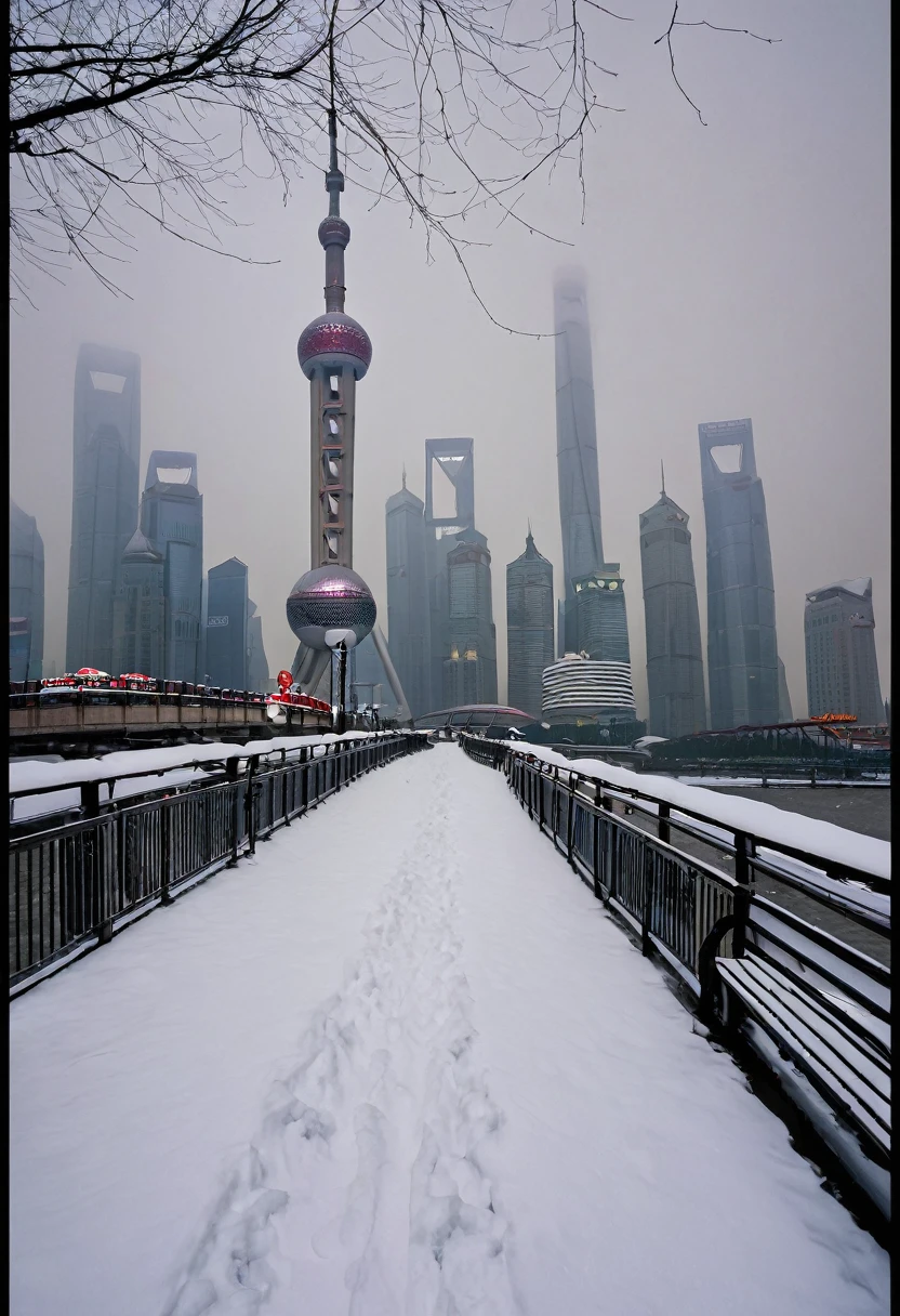 shanghai, Cityscape, architecture, Non-human, cold sky,(blizzard:1.5), Snowstorm, City, dark sky, cold,Covered in heavy snow