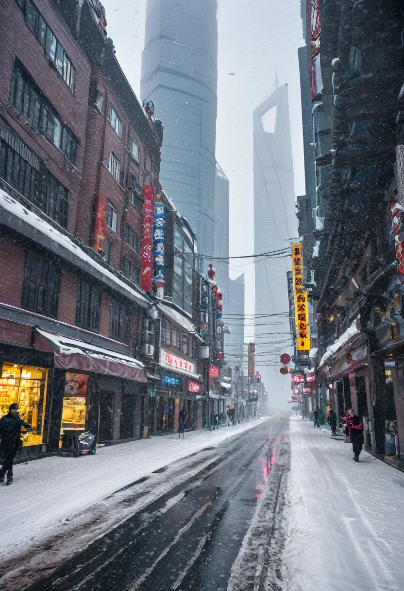 shanghai, Cityscape, architecture, Non-human, cold sky,(blizzard:1.5), Snowstorm, City, dark sky, cold,Covered in heavy snow