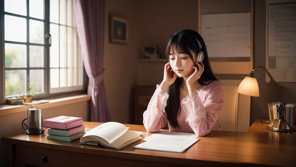 Ghibli-style image, very pretty and innocent female college student, long black hair, sitting at desk, listening to music with earphones, holding pencil in right hand, left hand resting on chin, studying, midnight, soft stand lighting, generally dark background, Cute props, a window with a view of the stars, curtains, a pink pajama with cute lace that slightly exposes the shoulders, a kitten sleeping on a very pretty bed, a steaming coffee cup next to the desk, please create an image.