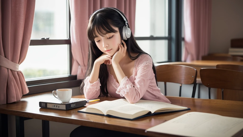 Ghibli-style image, very pretty and innocent female college student, long black hair, sitting at desk, listening to music with earphones, holding pencil in right hand, left hand resting on chin, studying, midnight, soft stand lighting, generally dark background, Cute props, a window with a view of the stars, curtains, a pink pajama with cute lace that slightly exposes the shoulders, a kitten sleeping on a very pretty bed, a steaming coffee cup next to the desk, please create an image.