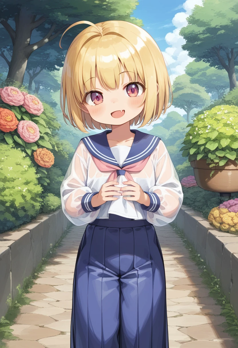 score_9, score_7_up, score_6_up, 1girl, source_cartoon, source_anime,breathtalking Scenery,watercolor,smooth soft skin, natural skin,rating_safe,bfg,mjm
BREAK
(little female child:1.8), (loli:1.8), 4 years old, (loli toddler:1.1),flat chest,baby face,oily skin, ultra cute face, happy smile,beautiful eyes, detailed eyes, puffy eyes,
BREAK
(short blond hair:1.6) messy hair,(fang:1.1), (pink eyes:1.1), highlight on eyes, antenna hair,double tooth,(blond hair:1.1),
BREAK
(white sailor uniform:1.1),(burberry check patterned hakama:1.5),(wear a transparent material hanging sleeve over a sailor uniform:1.3),(long sleeves:1.1),(long hem coral brack hakama:1.5),sash,head band,
BREAK
kawaii,outdoors,flowergarden,flowerbackground,