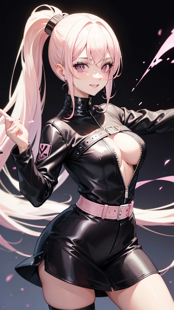 (((Adult woman))), ponytail blonde hair, (Pink eyes), black leather clothes, smile, dancing