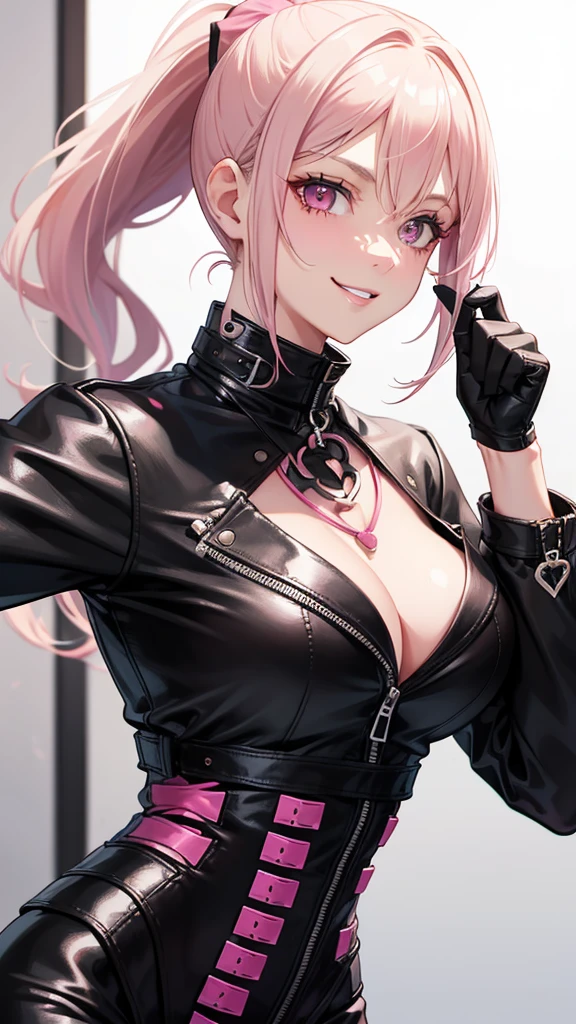 (((Adult woman))), ponytail blonde hair, (Pink eyes), black leather clothes, smile, dancing