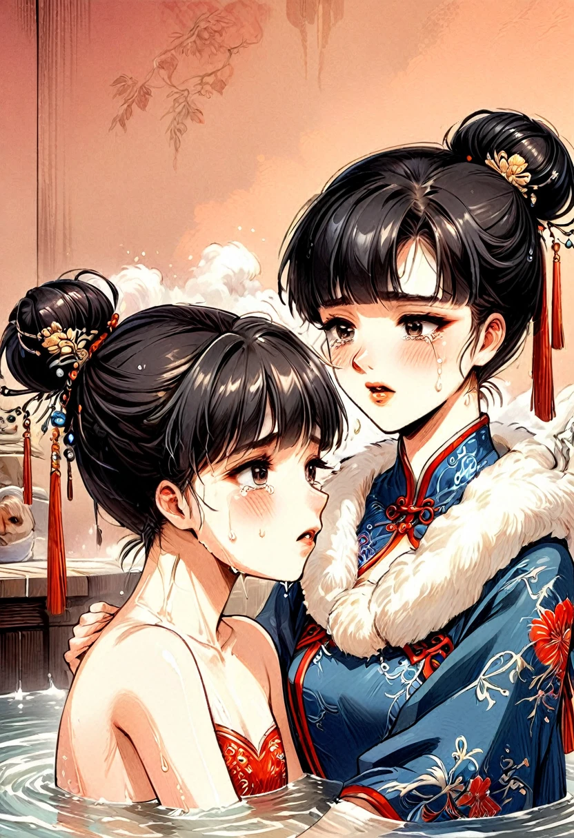 Period drama manga style A 15-year-old super beautiful Chinese girl with black hair in a bun cut(1 person) She is wearing a royal long-sleeved Chinese dress She takes a bath with the perverted old man emperor She cries
