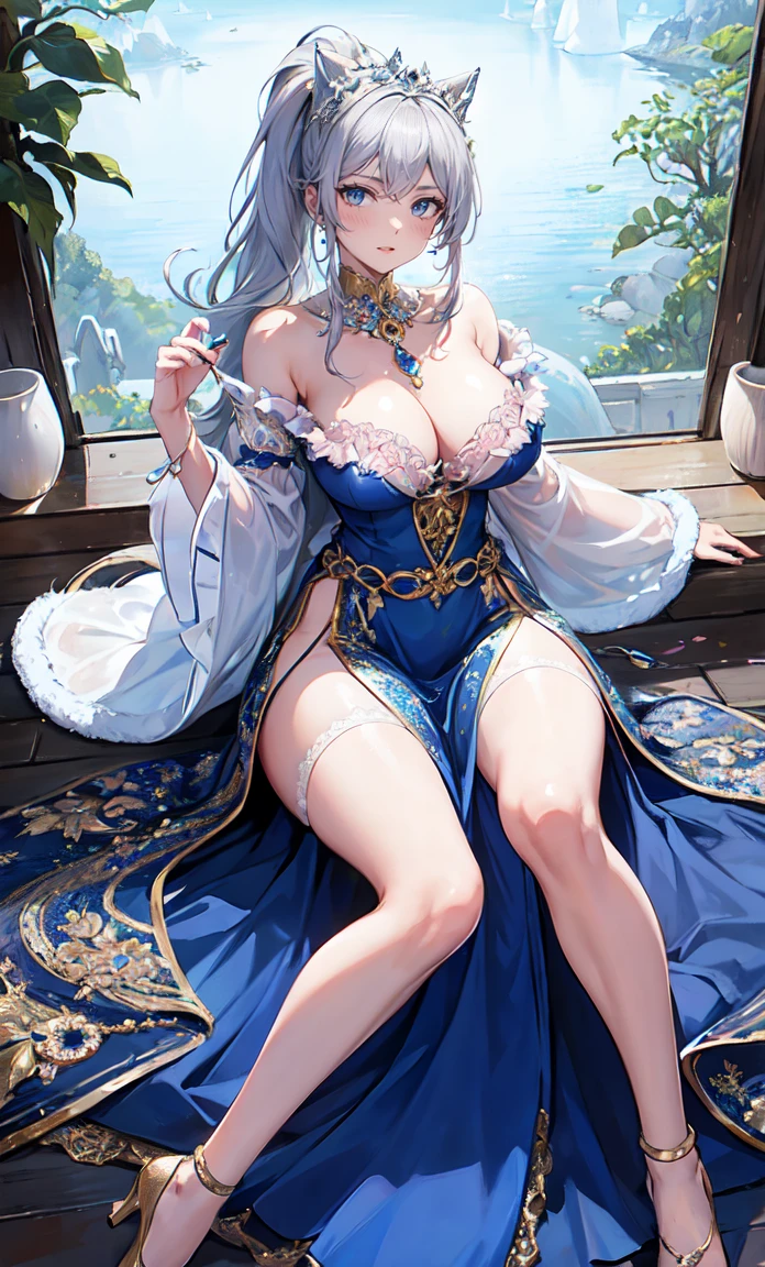 Noble Mansion,(gray hair：2.0),The ponytail is straight and tall.,Gold headband,stand close.,dream world,mature woman,(blue eyesฟีนิกซ์เรียวยาว,lipstick,Long eyelashes),Long eyelashes,contact lens,Gemstone Gold Necklace,(Off-the-shoulder blue fur dress,top of fur pipe,Strapless fur,wide wrist,long skirt,belt：2.0),top of fur pipe(big breast)Ballroom Background,(Soft light and shadow：1.9),High-heeled shoes made of fur,elegant high heels,Detailedly drawn background,holy goddess,มายากลal effect,silver hair,blue eyes,transparent dress,exquisite decoration,Features of the มายากลal costumes of the heavens，a small amount of blue cloth,exquisite clothes,Floor skirt,lace details,Delicate ruffles,bedroom,alone,at night,Lace stockings,sacred strip,transparent clothes,decorated with jewelry,transparent，(Luxurious shine）、((puffy sleeves))、Long wrist，Show your navel，white embroidery,big breasts,Show your breasts,The cracks are clear....,((big tits))，(pubic bone), rift, visible chest,seductive pose,I see bulging nipples.,(((large areolae:1.4,pink,The nipples are clearly visible.......))),