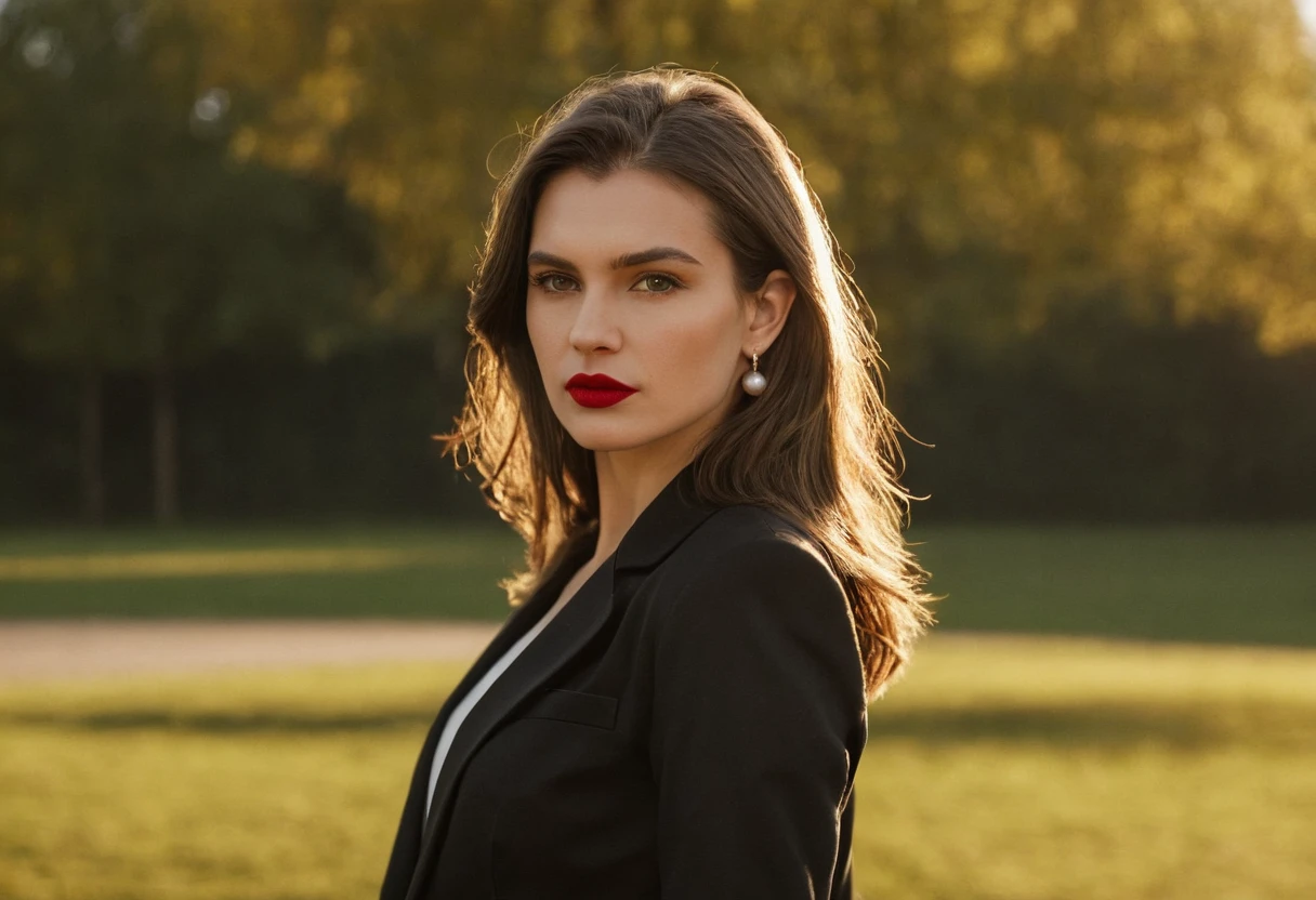 color digital photograph of Lucie Prochazka a woman from czech republic wearing (a black blazer), (a white t-shirt), (black skinny jeans), (black ankle boots), (pearl earrings), (red lipstick), and Slingbacks shoes shot on Nikon Z9 by Denis Karasev, 26 years old, slavic woman, pale skin, (long hair), tiny figure, small breasts, feeling (feeling Hate, Intense, Hostile, Aversion, Anger, Resentment, Disgust, Animosity, Hostility, Loathing, Malice, face: Scowl, Frown, Glare, Narrowed Eyes, Sneer, Lip Curl, Tense Jaw, Raised Eyebrows, Cold Stare, Contempt), at golden hour,full body, masterpiece, natural lighting, (outdoor setting:1.2), warm tones, side lighting, natural skin details, 4k, UHD, masterpiece, detailed eyes, detailed face, detailed skin, perfect hands, perfect feets, photo, high skin detail, moles, imperfect skin, ultra realism, RAW photo, subsurface scattering