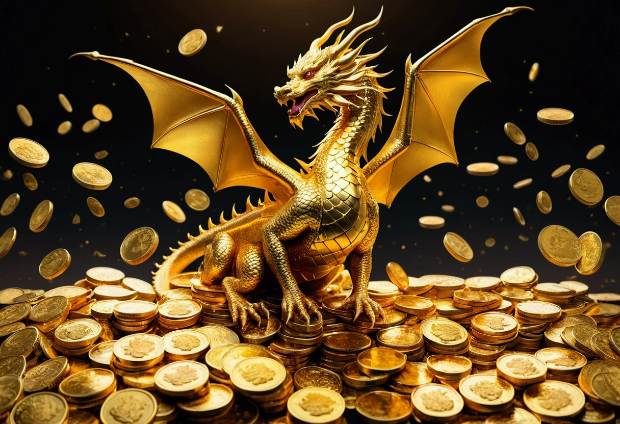 A large amount of gold coins fall from the sky around the golden dragon.