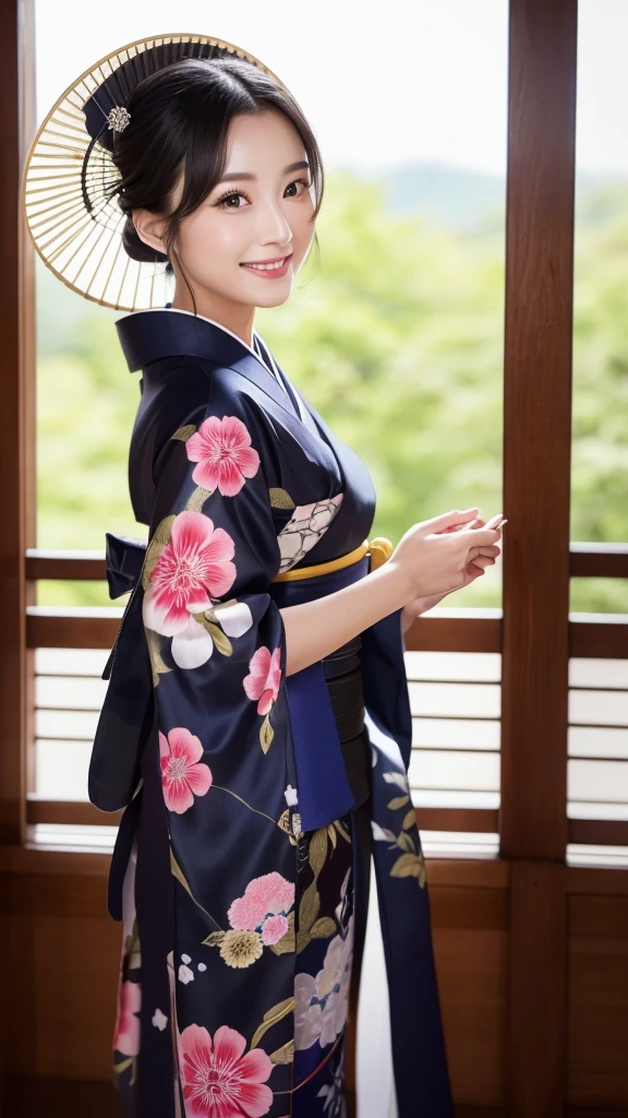 (Super beautiful woman in kimono)、((highest quality、8K masterpiece:1.3))、sharp focus:1.2、(super beautiful face:1.0)、(shiny skin:1.0)、realistic pictures、black hair、video lighting、High resolution eyes and face、video lighting、japanese actress、from the front、with a happy smile、whole body、wearing a kimono、in Kyoto、(luxury obi)、with a fan