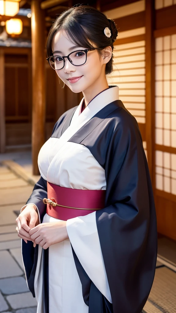 (Super beautiful woman in kimono)、((highest quality、8K masterpiece:1.3))、sharp focus:1.2、(super beautiful face:1.0)、(shiny skin:1.0)、realistic pictures、black hair、video lighting、High resolution eyes and face、video lighting、japanese actress、from the front、big breasts、with a happy smile、Slender abs beauty、whole body、wearing a kimono、in Kyoto、(((luxury obi)))、In Kyoto at night、wearing glasses with no edge、with a fan