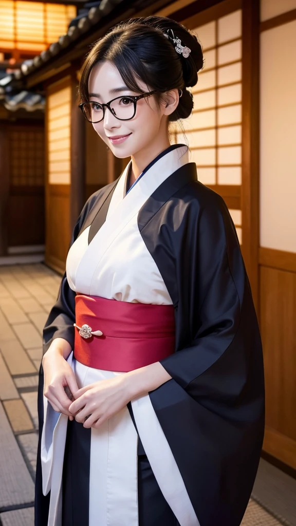 (Super beautiful woman in kimono)、((highest quality、8K masterpiece:1.3))、sharp focus:1.2、(super beautiful face:1.0)、(shiny skin:1.0)、realistic pictures、black hair、video lighting、High resolution eyes and face、video lighting、japanese actress、from the front、big breasts、with a happy smile、Slender abs beauty、whole body、wearing a kimono、in Kyoto、(((luxury obi)))、In Kyoto at night、wearing glasses with no edge、with a fan