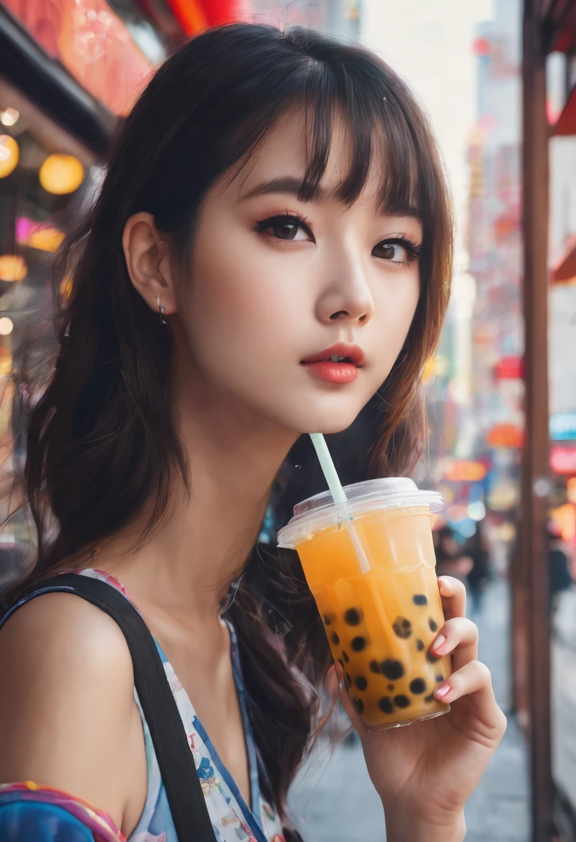 Make an image of a beautiful pretty girl drinking a cup of bubble tea, make her look American, she's pretty