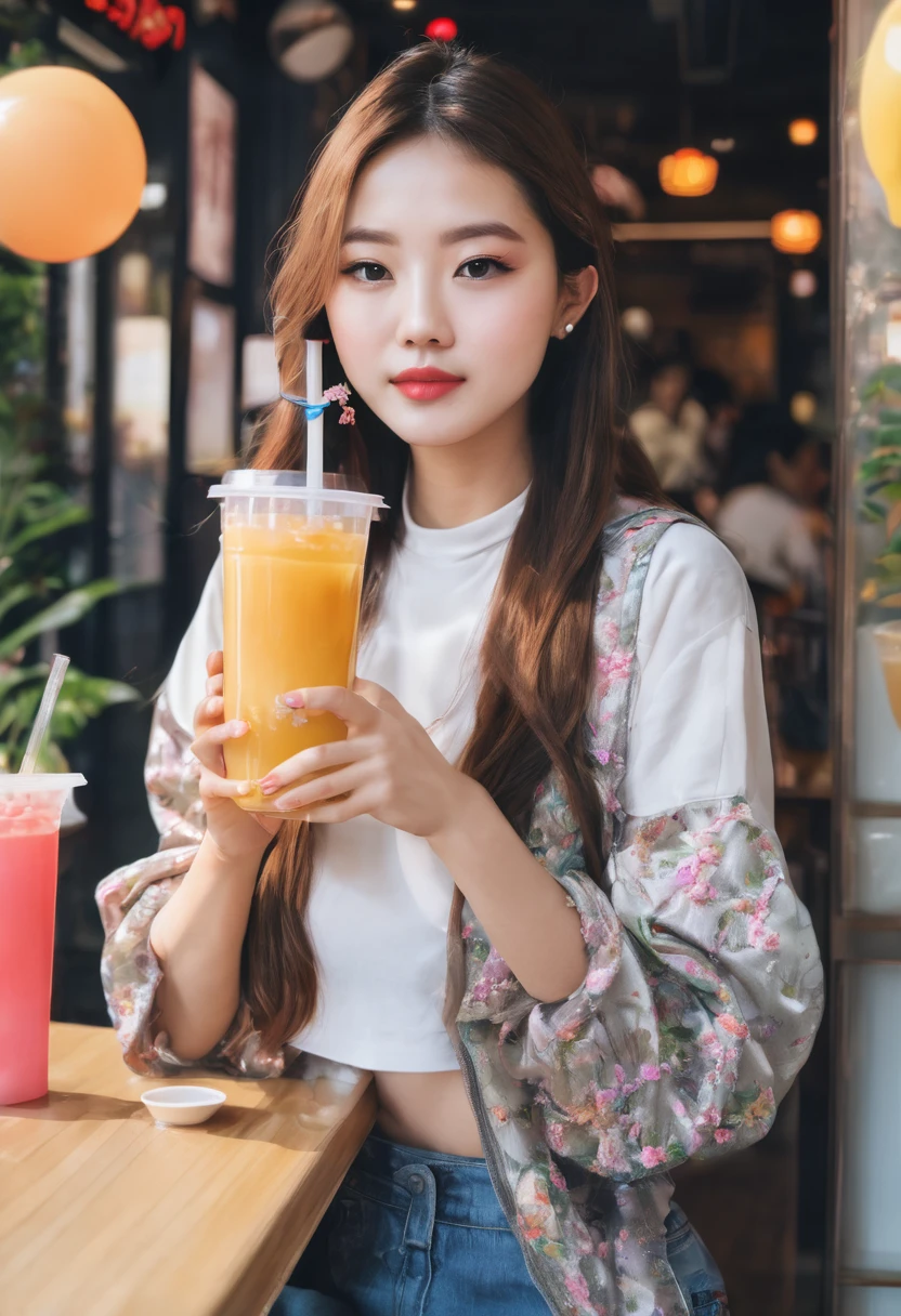 Make an image of a beautiful pretty girl drinking a cup of bubble tea, make her look American, she's pretty