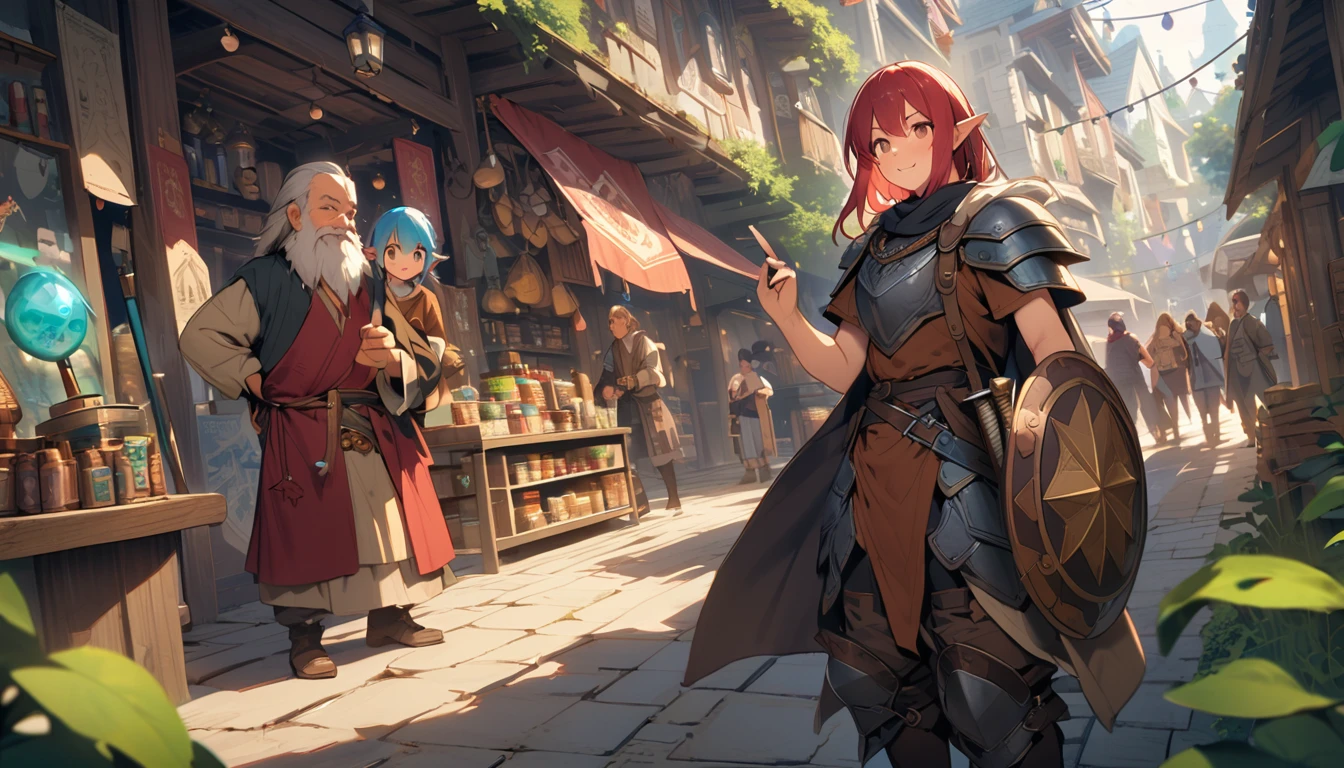 (masterpiece:1.4), (Highest quality:1.4), Very detailed, Complex, Very detailed, shape,Soft lighting, A bustling market in a magical city, More than one personで語り合う, Hopeful Face, smile, More than one person, Mixed gender, a group of adventurers, character from RPG games, (character: human, Fairy, Fairy, Dwarf, The Hobbit), (exterior: Swordsman Style, Shaman Style, Monk Style, Magician style), (belongings: Long sword, dagger, Holy Staff, Magic wand, shield, metal armor, Leather Armor), Perfectly accurate anatomical shape、All limbs intact、Perfect full finger, Colorful characters, A place to buy and sell mystical artifacts, Inside the store，Huge, Majestic, Uplifting expressions, Everyone&#39;s expressions are amazing.