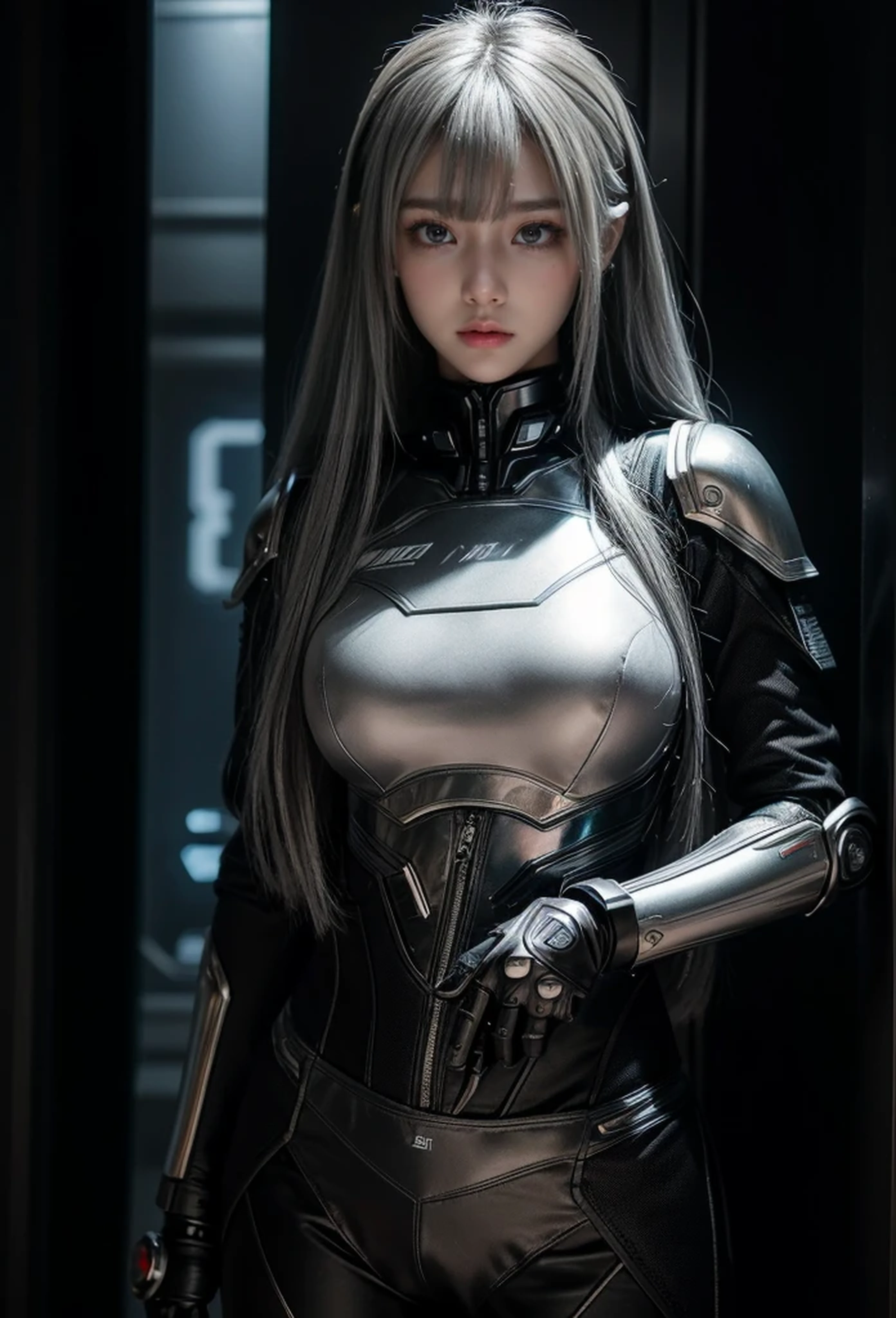 cyber angel,machine wing,{{Sci-Fi Armor}},cyber suit,cyberpunk,science fiction,cyber battle armor,Battledress,Military Uniforms,pants,black military uniform,whole body,Height: 168cm,almond shape eyes,{{{{{silver eyes}}}}},{{{{{dull bangs}}}}},(slanted eyes},{{whole body},{{{1 girl}}}, long hair, straight hair,{{{{silver hair}}}},{{{tsurime}}},30 years old,{Medium chest},{{bush}},silver eyes,{{{masterpiece}}}, {{{highest quality}}}, {{Super detailed}}, {shape}, {{very delicate and beautiful}},very detailed,detailed perfect,detailed hyper,Abundant thighs,big ass,black clothes