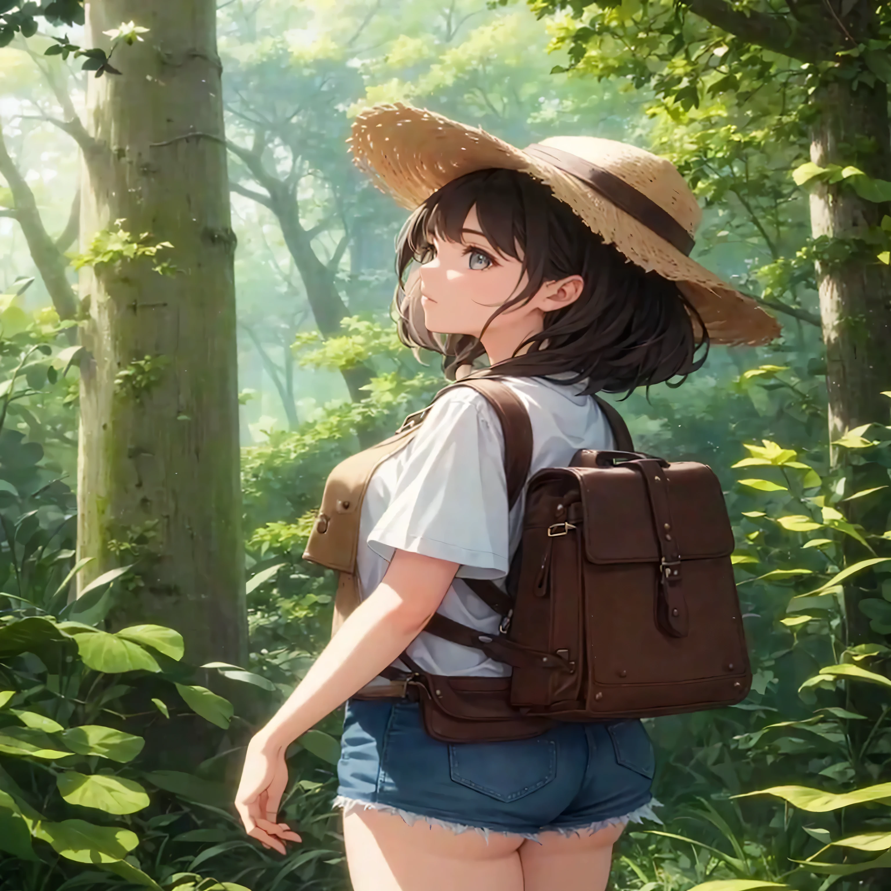 20-year-old women、Dress like an explorer、Explorer's hat、Brown Hair、Her hair is medium length and curly.、In the jungle、wood々The sunlight shines through the image、8k、The woman is looking up at an angle、Image of heading towards the forest、From the back、cute、The woman is a little distance away、Woman looking from the side、wood々The sunlight shining through the gaps is dazzling.、Watching a woman from afar、Shorts、Look up at the sky、Alone in the distance、Quite far、Landscape painting