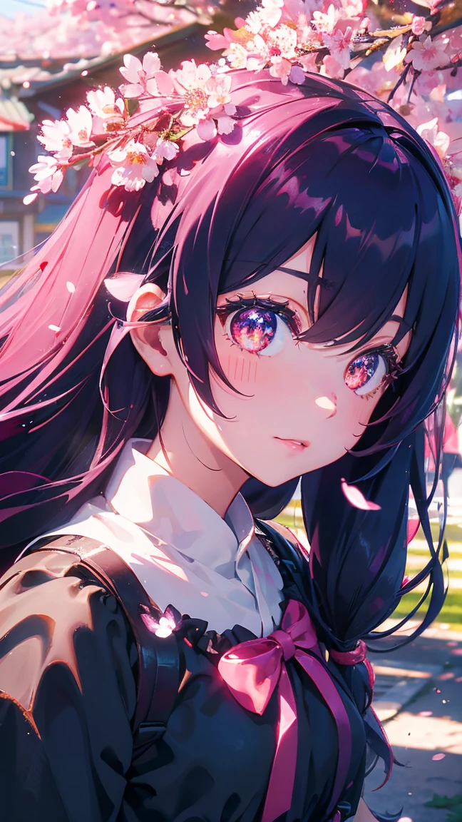 1 Anime Girl, alone,Black petals flutter, Mysteriously glowing butterfly.city,Bright pink hair,red gem eyes,Long twin tails,Thin legs,Very clear,Highest quality,辺り一面のcherry blossoms,都city,cherry blossoms,cherry blossomsミク,Beautiful Morning,Asahi,Face close-up,sunny,cherry blossomsを見上げる,slope