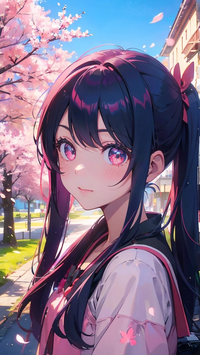 1 Anime Girl, alone,Black petals flutter, Mysteriously glowing butterfly.city,Bright pink hair,red gem eyes,Long twin tails,Thin legs,Very clear,Highest quality,辺り一面のcherry blossoms,都city,cherry blossoms,cherry blossomsミク,Beautiful Morning,Asahi,Face close-up,sunny,cherry blossomsを見上げる,slope