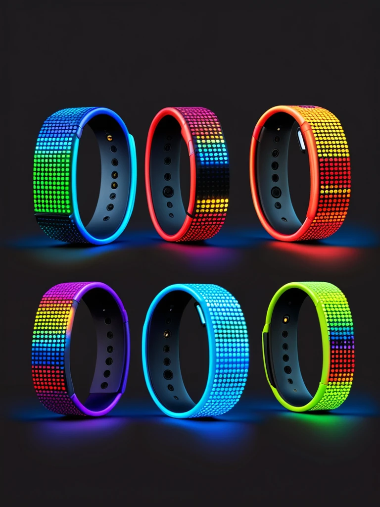 Create a cute and playful logo for "Xylo Band," a wristband featuring LED pixels with lots of colors. Incorporate elements related to LED lights in a pixelated style, using vibrant colors like red, blue, green, and yellow. Design the title "XYLO BAND" in a friendly and playful font, integrating it seamlessly with the pixelated LED motif. Ensure the logo is visually appealing and suitable for a fun, high-tech wearable product.