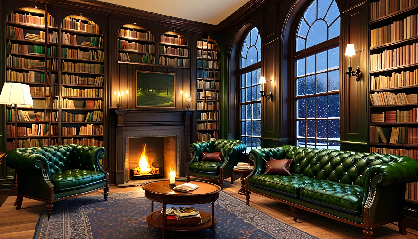 Create an image of a cozy, well-lit interior of a library during winter. The scene includes large windows through which one can see snow falling outside. The room is furnished with a dark green tufted leather sofa, a wooden bookshelf filled with books, and a lit fireplace that adds warmth to the room. There are candles on the table, casting a soft glow, and the ambiance is inviting and serene, perfect for reading or relaxing on a cold day.