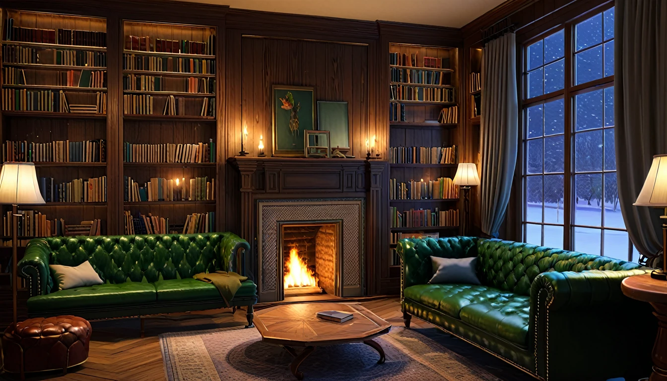 Create an image of a cozy, well-lit interior of a library during winter. The scene includes large windows through which one can see snow falling outside. The room is furnished with a dark green tufted leather sofa, a wooden bookshelf filled with books, and a lit fireplace that adds warmth to the room. There are candles on the table, casting a soft glow, and the ambiance is inviting and serene, perfect for reading or relaxing on a cold day.