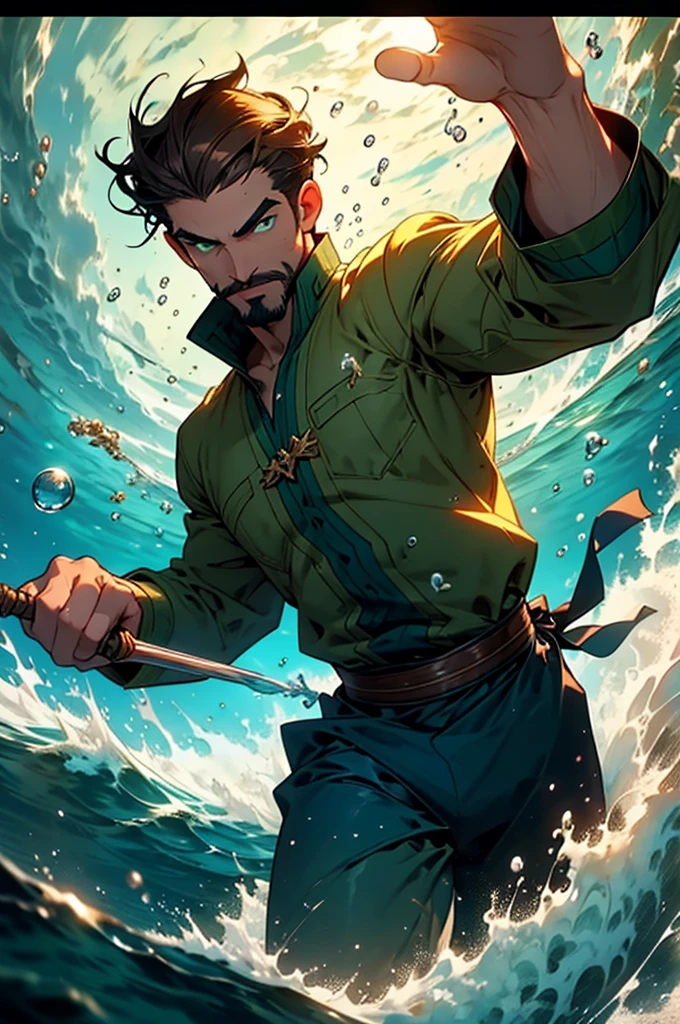 Underwater man with short brown hair floating, green eyes and a hooked nose. He looks kind and relaxed, his eyebrows are straight. He has a short mustache and goatee. He is wielding waterbending magic. The suroundings is dark blue sea waters, bubbles.