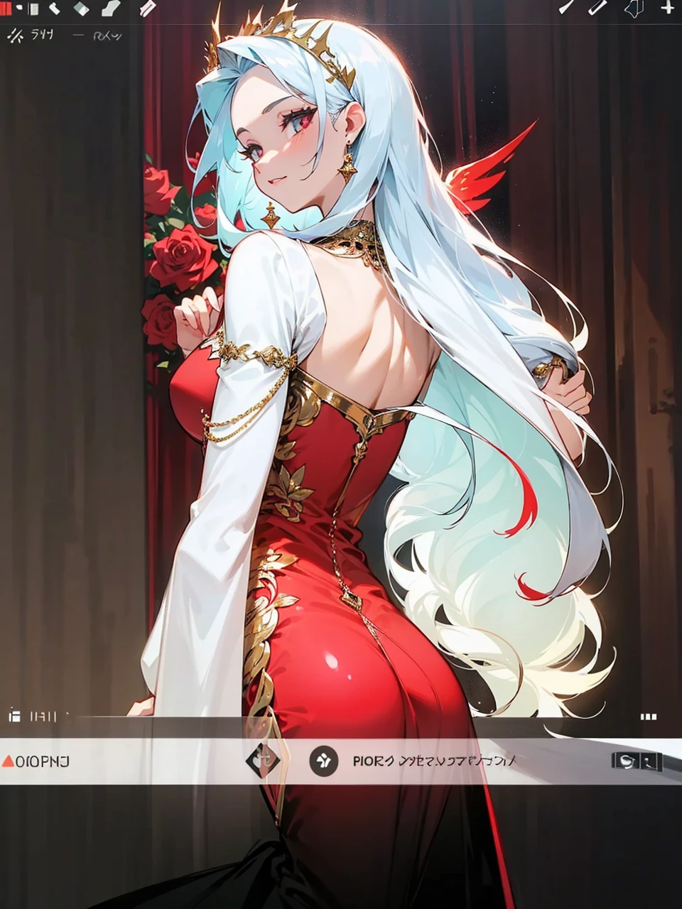 Add in roses to her dress, a good back dress design with some golden jewelry, make her dress into a red and white gown with a hat, give her some unique Jewelry, and make her look somewhat of a demonic angel like appearance to her