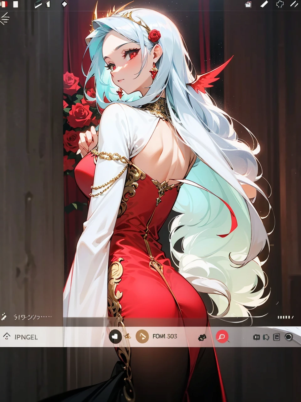 Add in roses to her dress, a good back dress design with some golden jewelry, make her dress into a red and white gown with a hat, give her some unique Jewelry, and make her look somewhat of a demonic angel like appearance to her