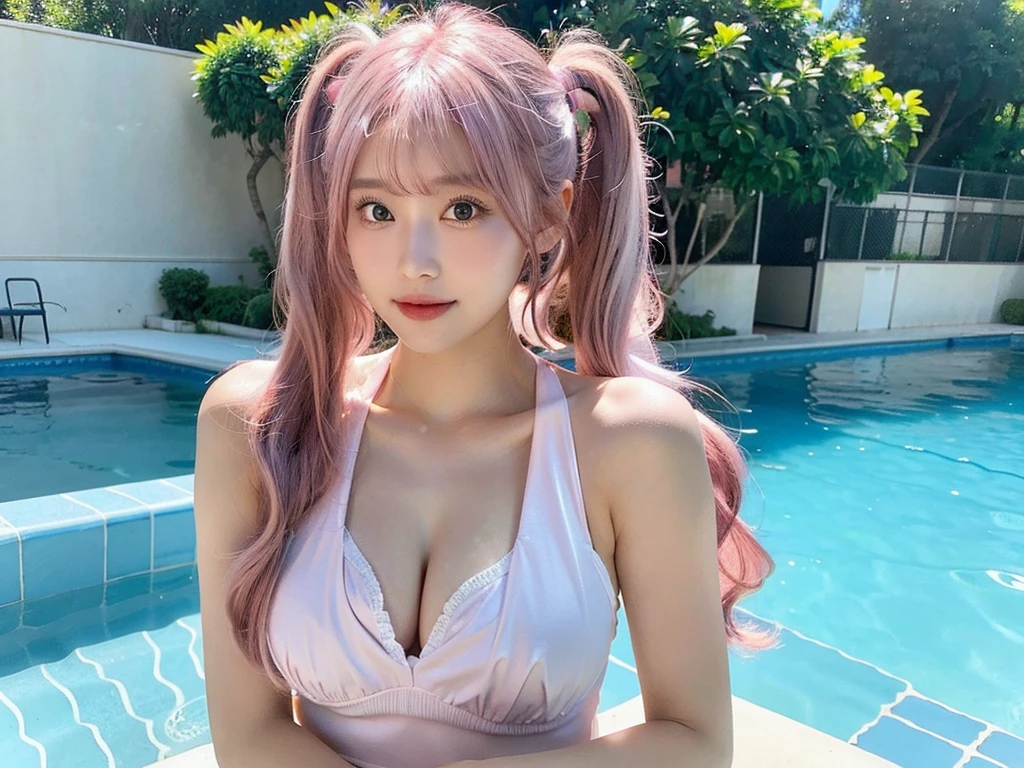 Shot with a top-of-the-line camera. highest quality, ultra-detailed, intricately detailed, high resolution, 8k, (very large breasts:1.3), (pink hair in twintails:1.3), Wearing a pure white swimsuit, she is by the poolside on a perfect sunny day. A youthful look of about . Slim and well-proportioned, fair skin, her cleavage is visible, 