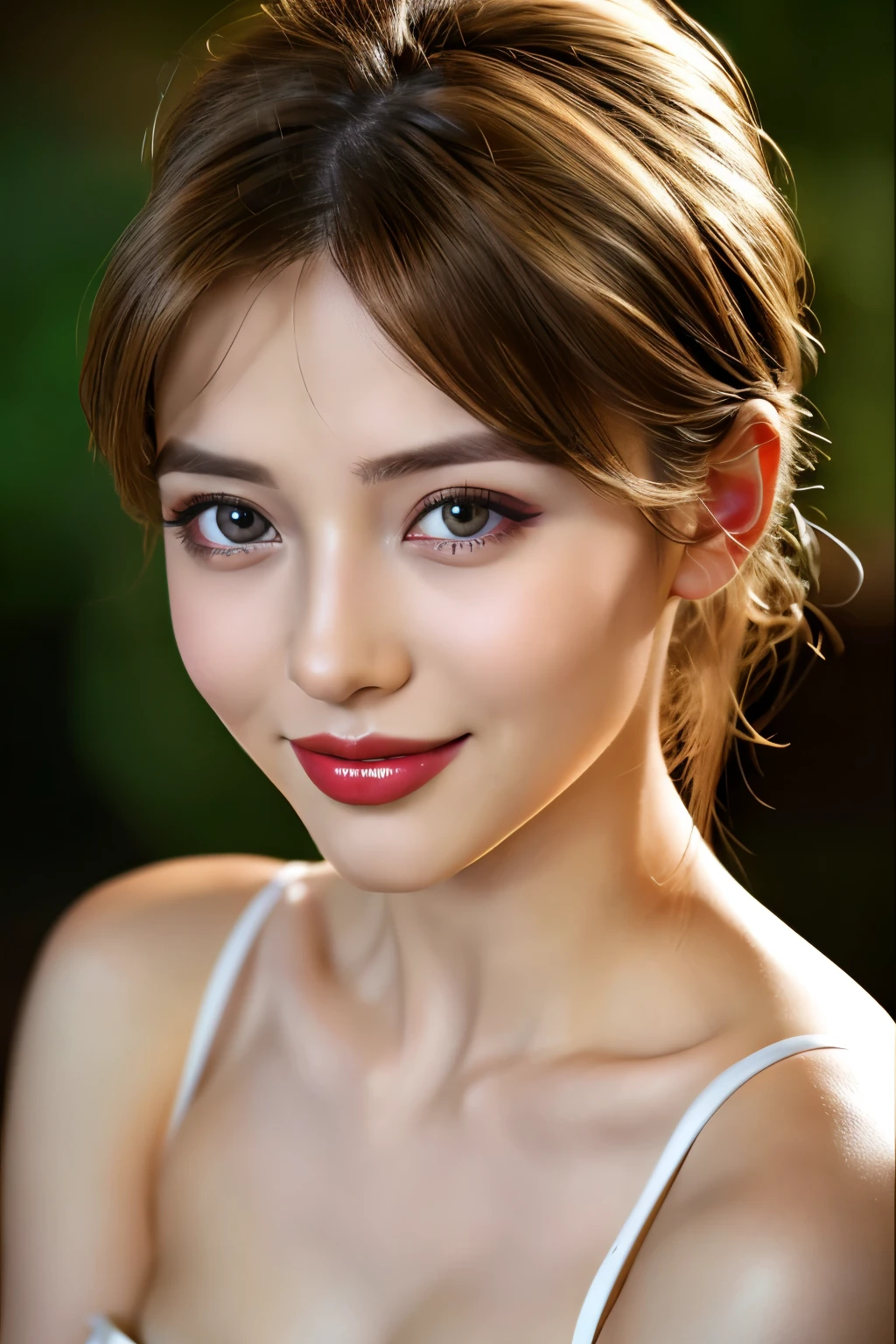 (highest quality、table top、8k、best image quality、Award-winning work)、(one young girl, 14 years old:1.3)、no sleeve, (red eyeshadow:1.2)、perfect makeup、long eyelashes、Super high-definition sparkling eyes、ultra high definition hair、ultra high resolution glossy lips、Super high resolution perfect teeth、Super high resolution cute face、brown hair、(very short straight hair:1.1)、look at me and smile、[clavicle]、accurate anatomy、(close up of face:1.5)、Luxury love hotel、(The most moody warm lighting:1.2)、blurred background、With bangs、Super high-resolution glossy and moisturized face、Super high resolutio n glowing skin、most detailed face、Ultra high resolution detailed faces、ultra high resolution hair、Fashion model 25 years old [[[[close-up]]], [[[[chest]]]], [[[[neck]]], [shoulders]]]]], Perfect eyes, Perfect iris, Perfect lips, Perfect teeth, Perfect skin, Soft front light, Glow, HDR, (Soft color: 1.2), Best quality, masterpiece, ultra high res, (photorealistic:1.37), raw photo, 1girl, long hair, beautifull eyes, beautifull face, detailed eyes and face, t-shirt, dynamic lighting, in the dark, table top, highest quality, realistic, Super detailed, finely, High resolution, 8k wallpaper, 1 beautiful woman, light brown messy hair, Realistic, High Resolution, [[[ Only one girl ]]]], Wavy black hair, Blue eyes, Stylish tank top, Upper body, Big breasts, Cleavage, Sitting on chair, Pose random, 8K, Very detailed, High Resolution, Facing camera ( One woman), One woman, (Very realistic, High Resolution), ( Very Detailed Eyes, Very Detailed Hair, Very Detailed Face, Very Detailed Plump Lips), (Breast Open Off Shoulder), Breasts, Upper Body, Affectionate Smile, Golden Hair, (Top Quality: 1. 4), Raw Photo, (Realistic, Photorealistic: 1.37), Professional Photographer, Film-like Light, (Delicate Face 1.2), David Hockney and Alfons Mucha hyperrealistic portrait of a woman, fantasy art, photorealistic, dynamic lighting, art station, poster, volume lighting, highly detailed face, 4 k, awards, (