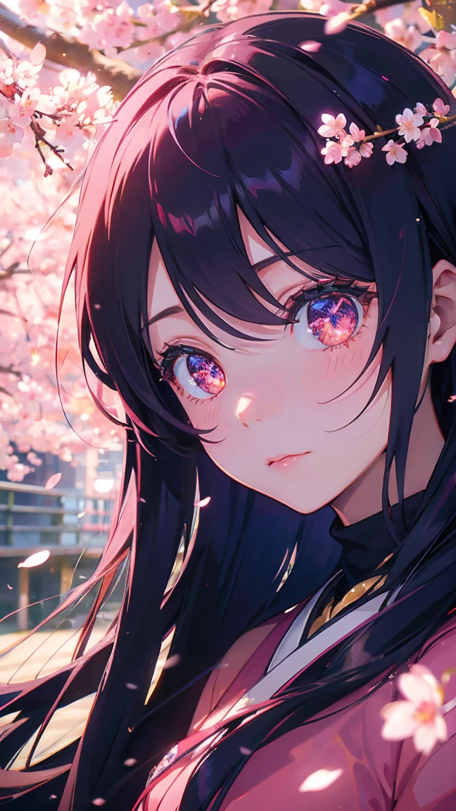 1 Anime Girl, alone,Black petals flutter, Mysteriously glowing butterfly.city,Bright pink hair,red gem eyes,Long Hair,Thin legs,Very clear,Highest quality,辺り一面のcherry blossoms,都city,cherry blossoms,cherry blossomsミク,Beautiful Morning,Asahi,Face close-up,sunny,cherry blossomsを見上げる,slope,Kyoto