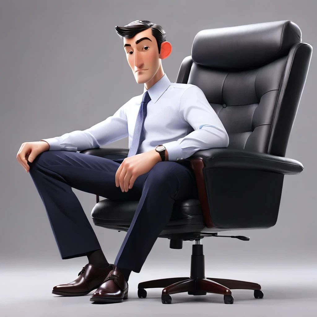 A businessman sitting with legs spread apart, one arm resting on the chair armrest