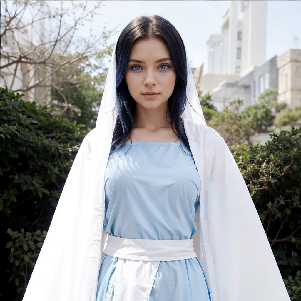 Very beautiful woman, light blue eyes, wearing a blue tunic with wide, long sleeves adjusted at the waist by an intertwined white sash.