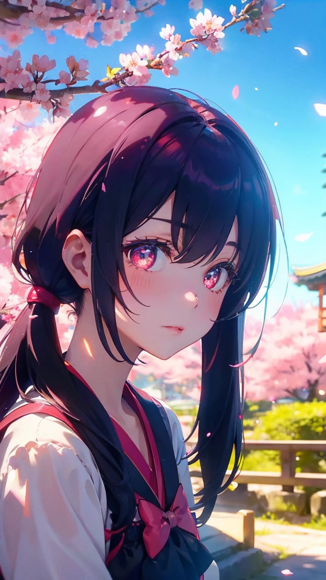 1 Anime Girl, alone,Black petals flutter, Mysteriously glowing butterfly.city,Bright pink hair,red gem eyes,Long twin tails,Thin legs,Very clear,Highest quality,辺り一面のcherry blossoms,都city,cherry blossoms,cherry blossomsミク,Beautiful Morning,Asahi,Face close-up,sunny,cherry blossomsを見上げる,slope,Kiyomizu Temple