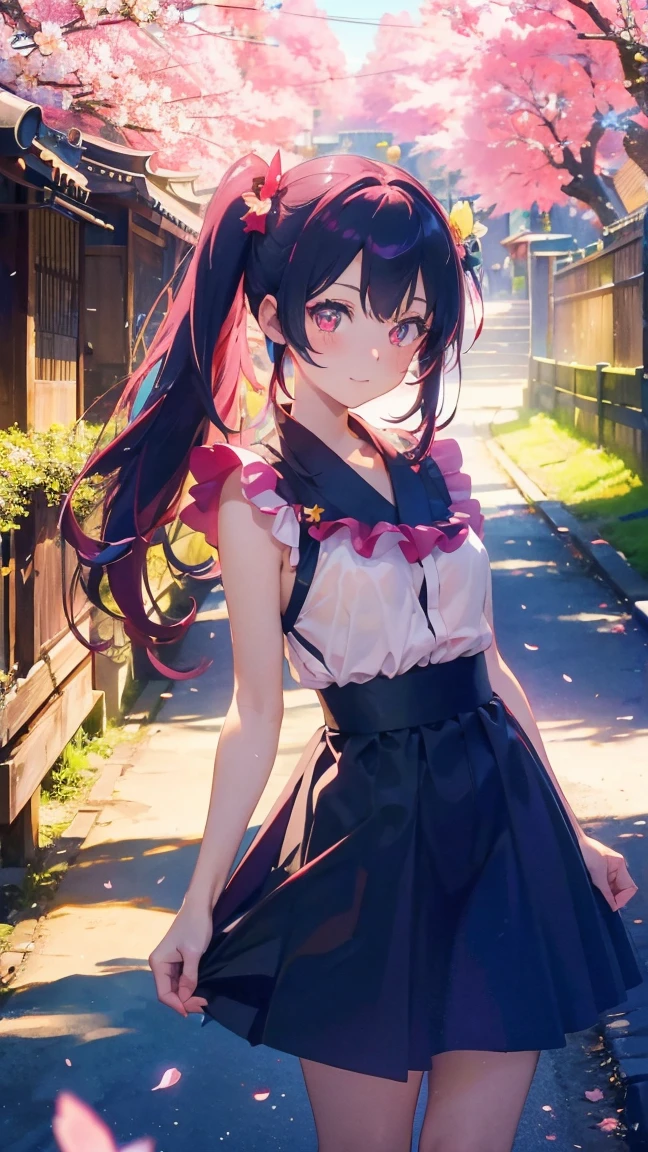 1 Anime Girl, alone,Black petals flutter, Mysteriously glowing butterfly.city,Bright pink hair,red gem eyes,Long twin tails,Thin legs,Very clear,Highest quality,辺り一面のcherry blossoms,都city,cherry blossoms,cherry blossomsミク,Beautiful Morning,Asahi,Face close-up,sunny,cherry blossomsを見上げる,slope,Kiyomizu Temple