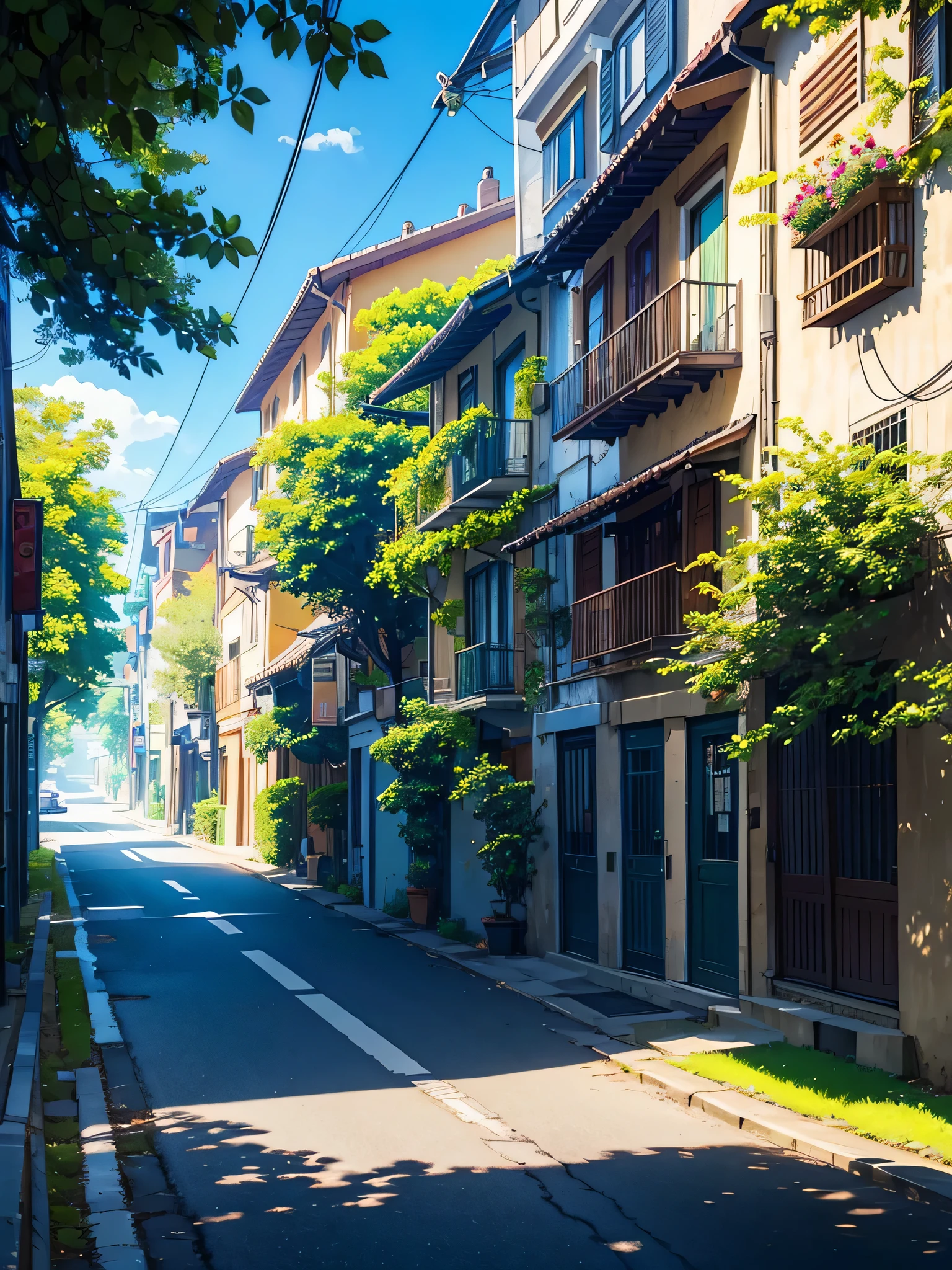 Sunny Weather and Quiet Street: "A photo of a quiet street with a clear blue sky and green trees, creating a peaceful ambiance.