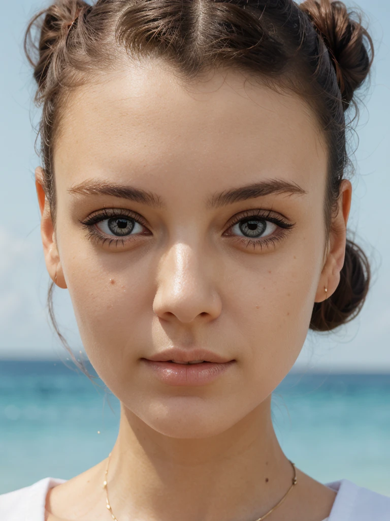 woman, face, front, hairbun, detailed eyes, pores